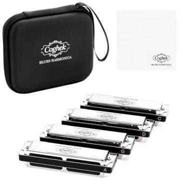 Imagem de Coghek Conjunto de 4 teclas de gaita C G D A – Kit de harpa azul diatônico de 10 furos com estojo e pano de limpeza – Presente de gaita portátil para iniciantes, adultos e profissionais, ideal para