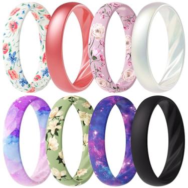 Imagem de ThunderFit Anéis de silicone para ela, elegantes ranhuras onduladas, 4 mm de largura, 1,6 mm de espessura, respirável, anéis de noivado femininos de borracha, pacote com 8, 5.5 - 6 (16.50mm), Silicone