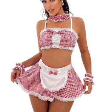 Imagem de nujett Mini saia sexy de malha de renda transparente para Halloween, roupa de empregada doméstica, conjunto de 4 peças