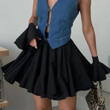 Imagem de Saia Mini Plissada Branca De Cintura Alta Com Babados Para Mulheres, E