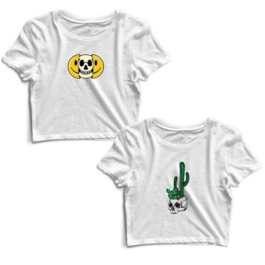 Imagem de Kit 2 Blusas Cropped Tshirt Feminina Caveira e Vaso Caveira Cacto - Go