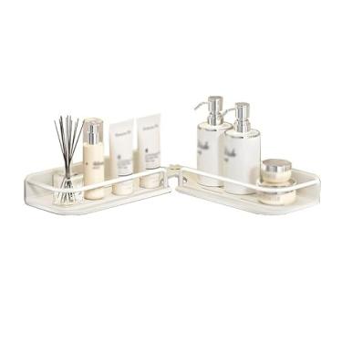 Imagem de Organizador de chuveiro, prateleira de armazenamento de banheiro montada na parede, suporte de chuveiro de canto ajustável de 270°, sem perfuração, prateleiras de chuveiro modernas de aço carbono para