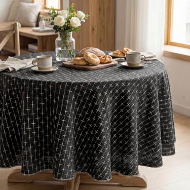 Imagem de Horaldaily Toalha de mesa redonda preta, toalha de mesa bordada texturizada sólida cruzada, sem rugas, lavável 152 x 152 cm, capa de mesa para cozinha, festa, casamento, piquenique, ao ar livre