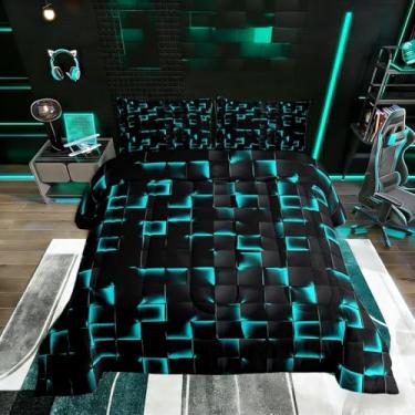 Imagem de Erosebridal Conjunto de edredom Queen geométrico quadriculado turquesa azul-petróleo preto neon para decoração de quarto de jogos, geométrico, quadriculado, geométrico, edredom