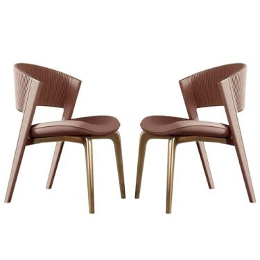 Imagem de Conjunto de 2 cadeiras de jantar estofadas de meados do século, cadeiras de cozinha modernas abertas com assento de couro sintético, pernas de metal, cadeira de hóspedes com destaque confortável para
