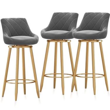 Imagem de Bancos de bar estofados giratórios modernos conjunto de 3, banquetas de bar douradas com encosto, cadeiras ilha com apoio para os pés dourado cadeiras de barra de veludo, cinza, 65 cm
