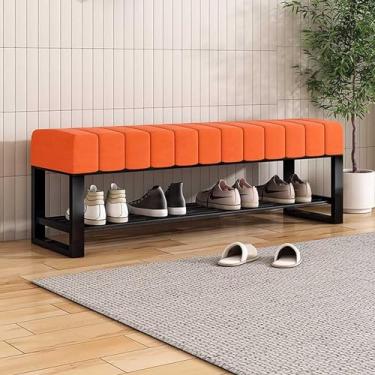 Imagem de Banco estofado de entrada para sapatos com armazenamento, banco para quarto, extremidade da cama, sapateira de metal preto de 2 camadas para armário corredor porta sala de estar mudroom