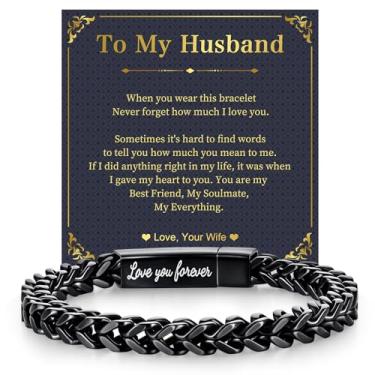 Imagem de Pulseiras de corrente preta para homens: Correntes de aço inoxidável Franco Love you Forever Pulseira masculina para filho homem marido, joias sentimentais ideias de presentes para aniversário, dia