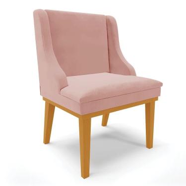 Imagem de Cadeira De Jantar Veludo Base Fixa Madeira Castanho Cor Rose