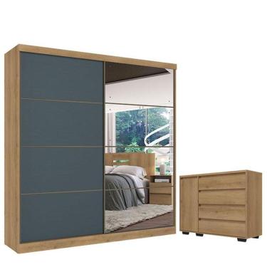 Imagem de Guarda Roupa Casal Málaga Full Glass 2 Portas Capuccino Azul E Cômoda Com Porta Aurora Cappuccino - Thb