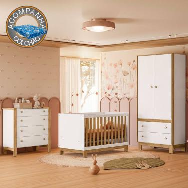 Imagem de Quarto de Bebê Completo com Berço Slim Cômoda e Roupeiro Flora Branco Freijó Qmovi + Colchão Ortobom