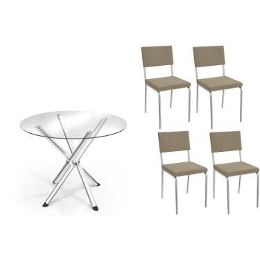 Imagem de Conjunto: Mesa Sala Jantar Volga C- Tampo De Vidro 95cm E 4 Cadeiras Zaria Cromada - Boucle Bege - Kappesberg