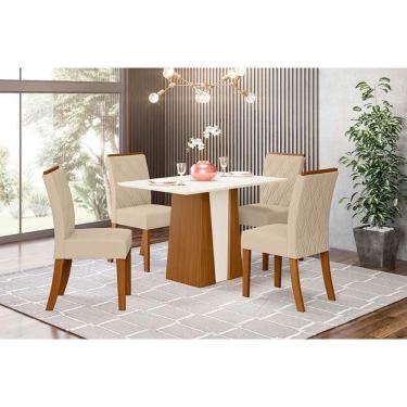 Imagem de Conjunto Mesa De Cozinha Orus Com Tampo Madeirado 120x80cm E 4 Cadeiras Vita Nature Off White Linho Bege Henn