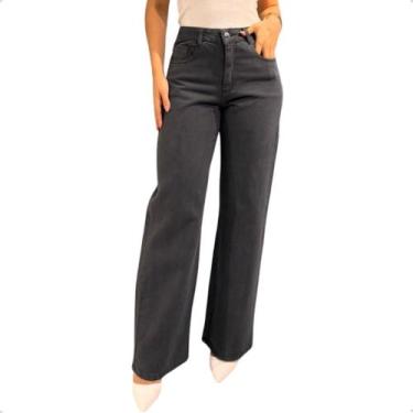 Imagem de Calça Wide Leg Feminina Sarja Cintura Alta Alfaiataria Conforto Elasta