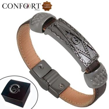 Imagem de Pulseira Couro Magnética Masc Maçonaria Marrom - Granado Acessórios, 2