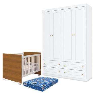 Imagem de Berço Nacional Mel Branco Savana - Reller E Guarda Roupa Infantil Americano 4 Portas Branco Hp E Colchão Ortobom - Henn