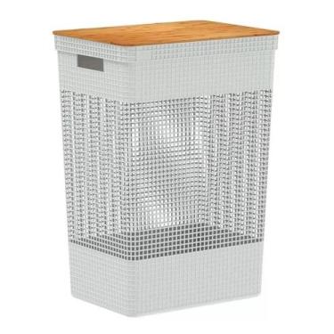 Imagem de Cesto De Roupas Grid Com Tampa De Bambu 49 Litros, Branco