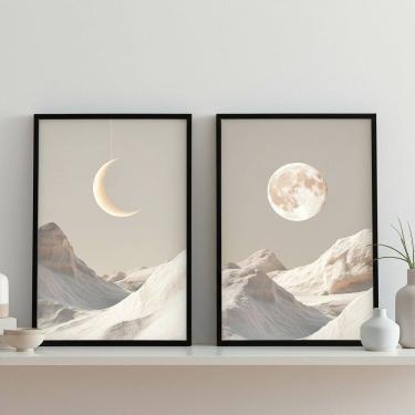 Imagem de Kit 2 Quadr Lua Boho Branco Cinza 45x34cm Mold Preta