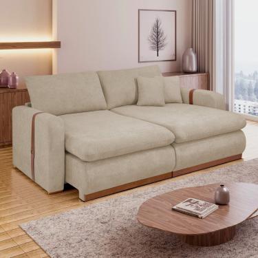 Imagem de Sofá Cama Retrátil e Reclinável 2 Lugares Pés Madeira Maciça 230Cm França Yescasa Bege...