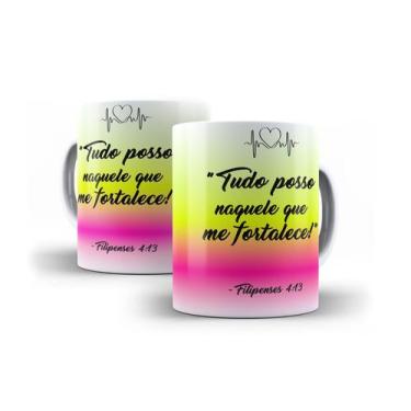 Imagem de Xícara Branca Porcelana Decorada Mensagem Bíblica Filipenses 4:13 - 32