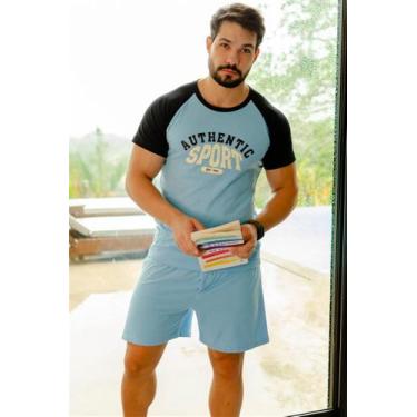 Imagem de Pijama verão masculino azul em algodão com estampa sport - CASARAO DO 
