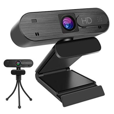 Imagem de Webcam com microfone, câmera USB HD 1080P, rotação de 360 graus, foco automático, câmera de computador Plug and Play com capa/tripé de webcam, para PC/Mac/laptop/desktop de chamadas de vídeo, conferência
