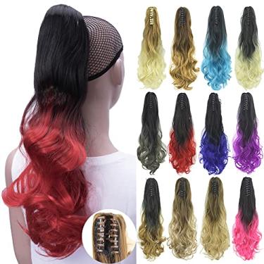 Imagem de IMISSU Extensões de cabelo de rabo de cavalo cacheado cor ombré grampo de rabo de cavalo em peruca (Ombre vermelho)