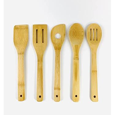 Imagem de JapanBargain 3670, conjunto de utensílios de cozinha de bambu espátula de cozinha colher de garfo para utensílios de cozinha antiaderentes conjunto de 5 peças