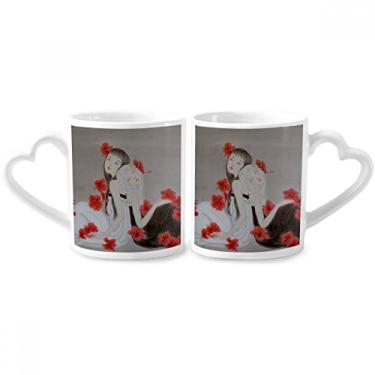 Imagem de Conjunto de canecas de porcelana para casais, aquarela, flor vermelha, estilo chinês, com coração