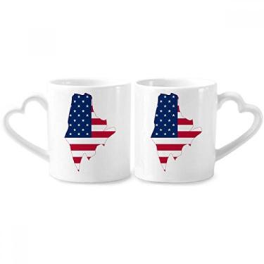 Imagem de Maine USA Mapa Estrelas Listras Bandeira Forma Casal Caneca Porcelana Conjunto de Cerâmica Amante Copo Punho Coração