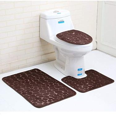 Imagem de Conjunto de tapetes de banheiro e pedestal luxuoso microfibra poliéster secagem rápida vaso sanitário antiderrapante borracha com 3 peças para banheiro e pedestal (marrom)