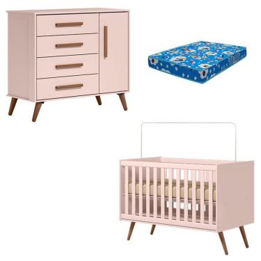Imagem de Berço Americano 3820 e Cômoda Infantil 3825 Q Encanto Retrô Rosa com Colchão Ortobom - Qmovi