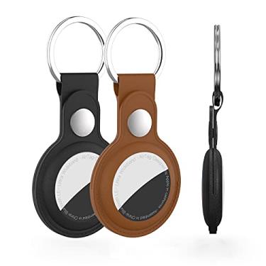 Imagem de DamonLight Capa de couro para AirTag, pacote com 2 porta-chaves antiarranhões compatível com Apple Air Tag 2021 (preto + marrom)