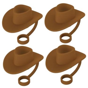Imagem de WeiLaiKeQi Tampa de palha de silicone, 4 unidades, tampa contra poeira, reutilizável, pontas de palha, rolha de palha, chapéu de cowboy em formato para, marrom