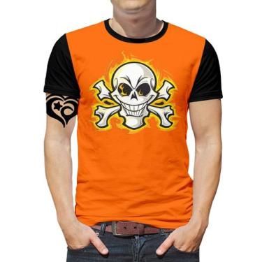 Imagem de Camiseta Caveira Plus Size Rock Moto Masculina Blusa Laranja - Alemark
