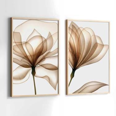 Imagem de Quadros Decorativos com Moldura Flor de Lotus Clean Neutro Marrom Sala Quarto Kit Conjunto 2