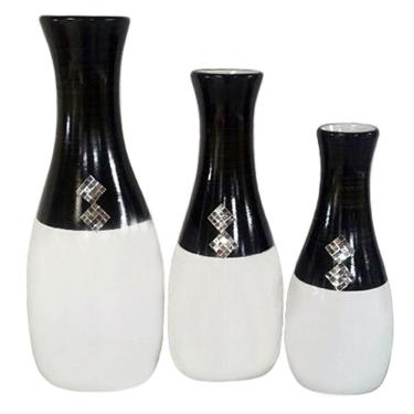 Imagem de Trio Vasos Garrafas Grandes Cerâmica Decorativa Black White