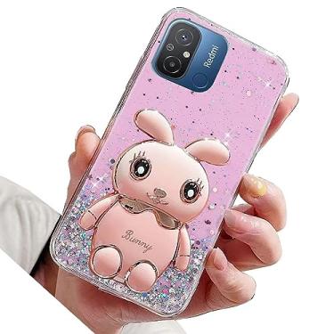 Imagem de Rnrieyta Miagon Rabbit Glitter Stand Case para Xiaomi Redmi 12C, capa protetora de TPU macio transparente brilhante fina à prova de choque com suporte de coelho fofo, rosa