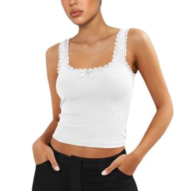 Imagem de Camiseta regata feminina com acabamento em renda sexy sem mangas Y2K alças finas cropped slim fit camiseta básica, Branco, G
