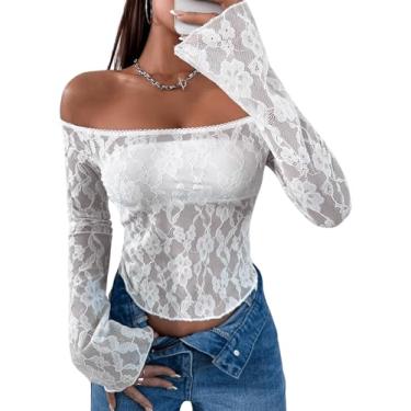 Imagem de WDIRARA Camiseta feminina de renda floral ombro de fora flare manga longa transparente sexy, Branco, G