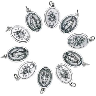 Imagem de Pacote com dez medalhas milagrosas de 2,5 cm | Pingentes de metal prateado | Ótimo presente católico para a primeira comunhão e confirmação | Adicione à joia religiosa ou à joia DIY, Metal, Sem Pedra