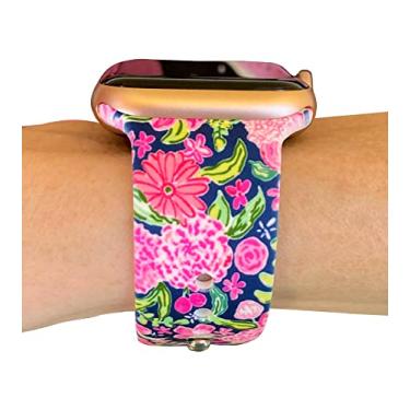 Imagem de FoxiBands Pulseira de relógio floral azul-marinho - Compatível com Apple Watch de 45 mm, 44 mm, 42 mm, 41 mm, 40 mm, 38 mm, substituição de pulseira de silicone para iWatch Series 8 7 6 5 4 3 2 1 SE - Design floral elegante de verão