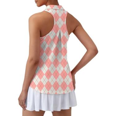 Imagem de LUYAA Camisetas femininas de golfe sem mangas, gola V, costas nadadoras, plissadas, ajuste seco, Xadrez rosa-branco, G