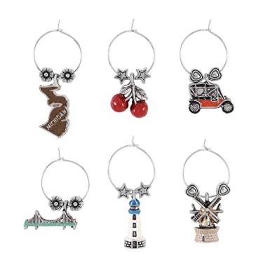 Imagem de Wine Things 6 peças pingentes de vinho/etiquetas de taça de vinho/marcadores de bebidas para taças de caule, festa de degustação de vinhos (estado), Metal, Sem pedras preciosas