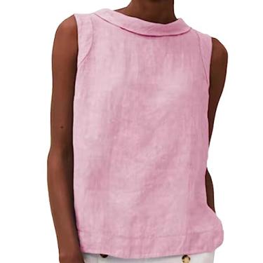 Imagem de Regatas de linho de verão para mulheres, gola redonda, camiseta de enrolar cor sólida, ajuste solto, colete casual, conjunto de férias, rosa, G