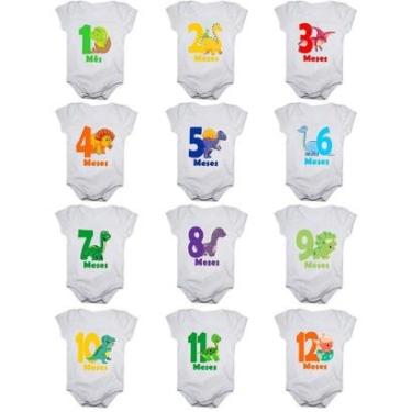 Imagem de Kit 12 Body Bebê Mesversario Manga Curta Dinossauros 1 A 12 Meses-Unissex