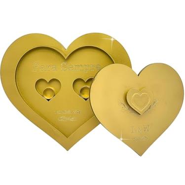 Imagem de Porta Aliança Coração Casamento Personalizado Noivado Dourado MDF