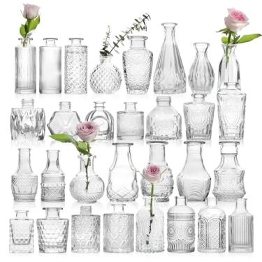 Imagem de CAKKVDE Conjunto de 30 vasos de vidro transparente, vasos de vidro para decoração de mesa de casamento, centros de mesa, pequenos vasos de flores vintage a granel, mini garrafas, vasos para festas em