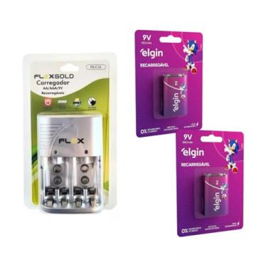 Imagem de Kit 2 Bateria Recarregável 9v Elgin + Carregador Aa/aaa/9v Bateria Pilha