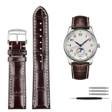 Imagem de waillynice Pulseira de relógio de couro genuíno para Longines L2 L3 L4 Masters Collection pulseira de couro bovino 19 mm 20 mm 21 mm (fecho de pino marrom)